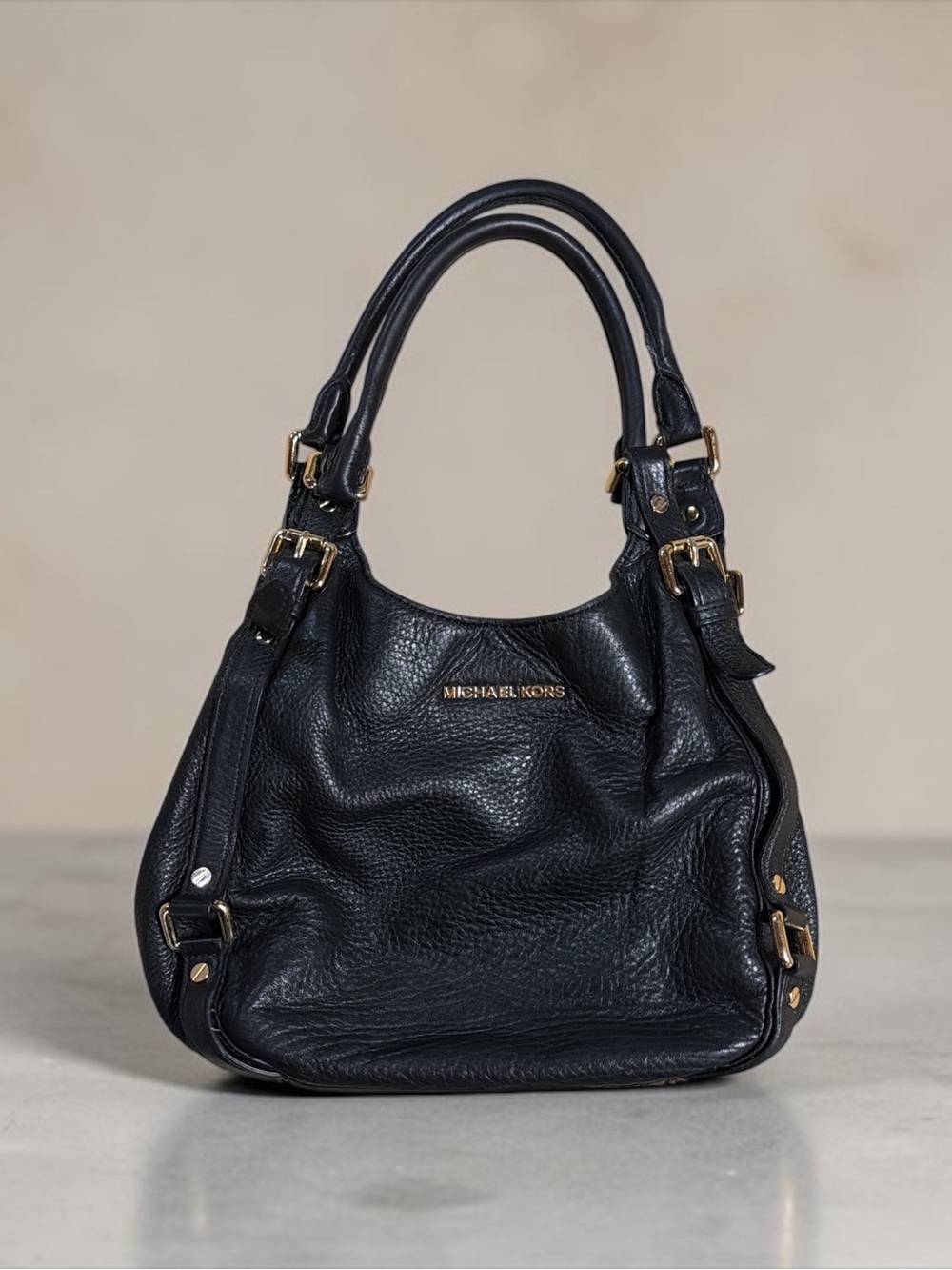 Michael Kors Black Pebbled Leather Shoulder Bag Gold Hardware Slouchy Hobo Purse